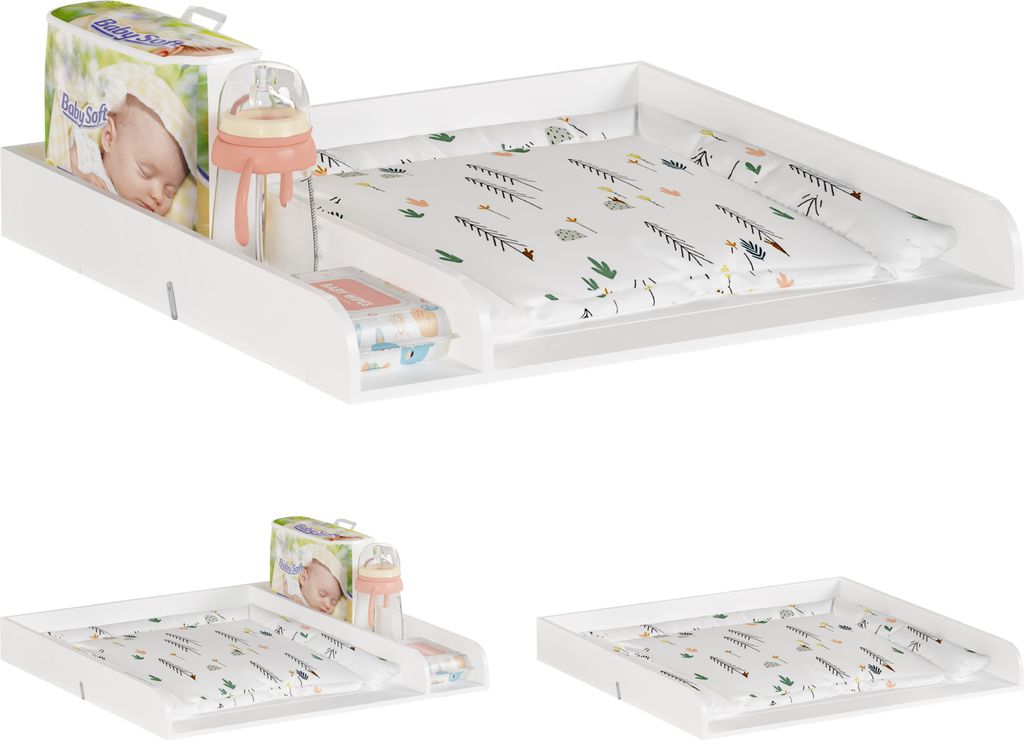 Collage of a white wooden changing table attachment with a changing pad and baby supplies.