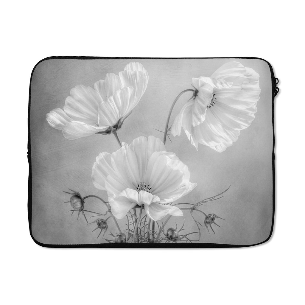 MuchoWow Laptop Hülle 17 Zoll Laptoptasche Stilleben - Blumen - Schwarz und weiß - Mohn - Botanisch - Zipper - Schutzabdeckung
