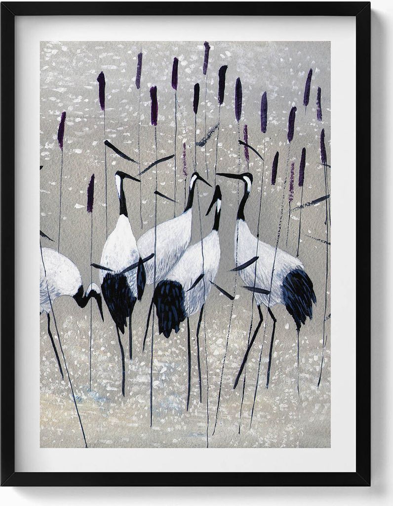 Kraniche im Schilf– Wandbild mit Rahmen – Gerahmtes Bild – Wanddekoration – 60x80 cm – Schwarz Rahmen