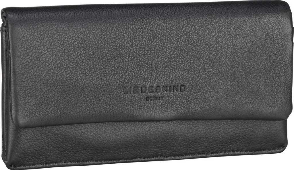 A black leather wallet is shown from the front on a white background.