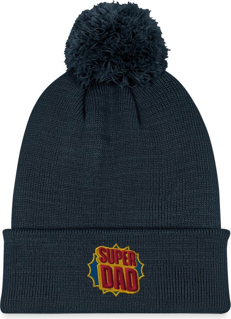 Spreadshirt Super Dad Schriftzug Stickerei Strickmütze mit Bommel, One size, Navy
