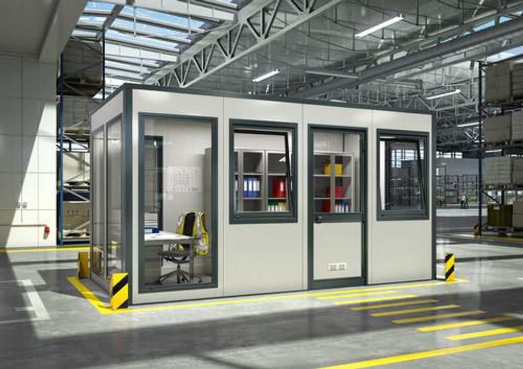 Bürocontainer, Aufsichtsstand, Meisterbüro, Lagerhallenbüro, für Innen, 2.600 x 5.908 x 3.608 mm (HxBxT), 21,32 qm, ohne Fußboden