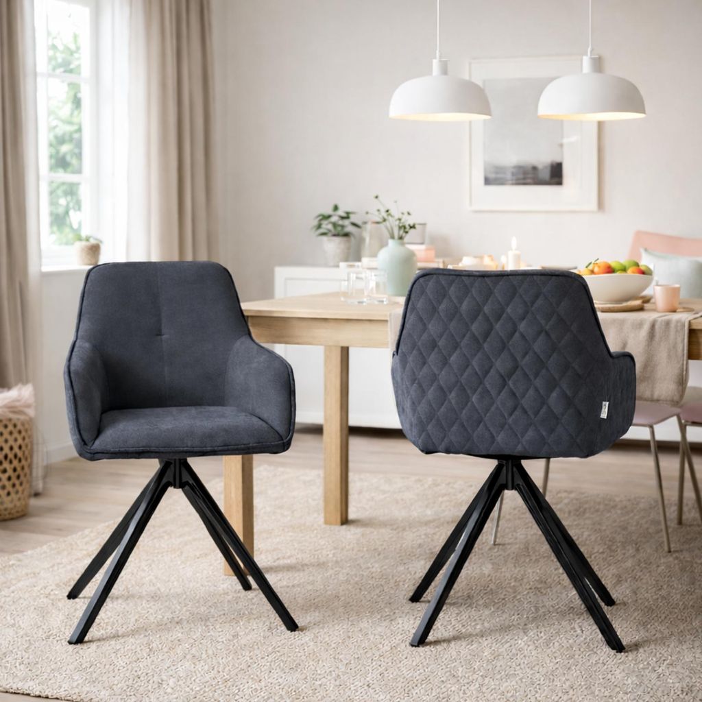 HAGO24 Drehbarer Esszimmerstuhl Anthrazit Textil Webstoff 360° Drehfunktion schwarze Metallbeine Gepolsterte Sitzfläche Armlehne Polsterstuhl