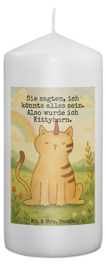 Mr. & Mrs. Panda Kerze Einhorn Katze Design 15 x 7 cm - Weiß - Geschenk, Blockkerze, Glitzer, Unicorn, Erinnerungskerze, Mieze, Wachskerze, Erinne...