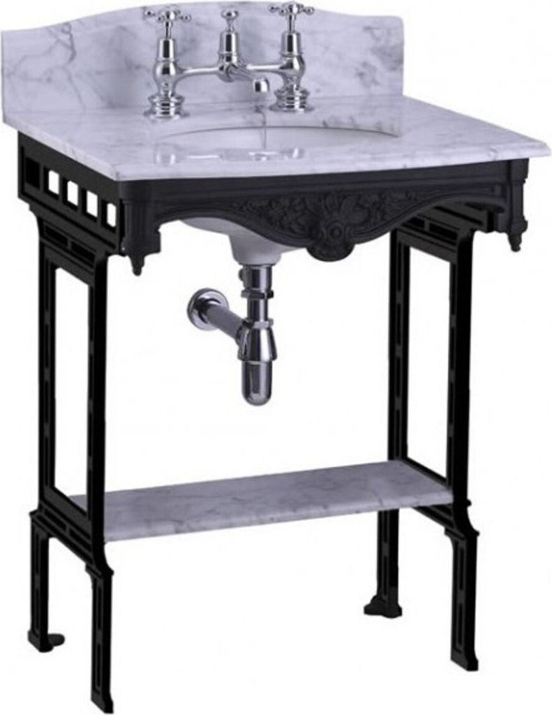 Casa Padrino Luxus Jugendstil Stand Waschtisch Weiß / Schwarz mit Marmorplatte mit Spritzschutz hinten und Ablage Barock Waschbecken Barockstil An...