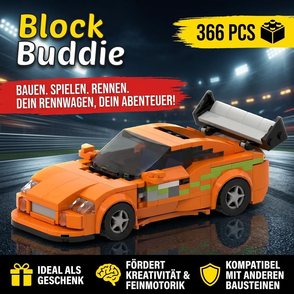 BlockBuddie Supra MK4 inspiriertes Klemmbaustein Auto mit 366 Teilen – Sportwagen Modellbausatz