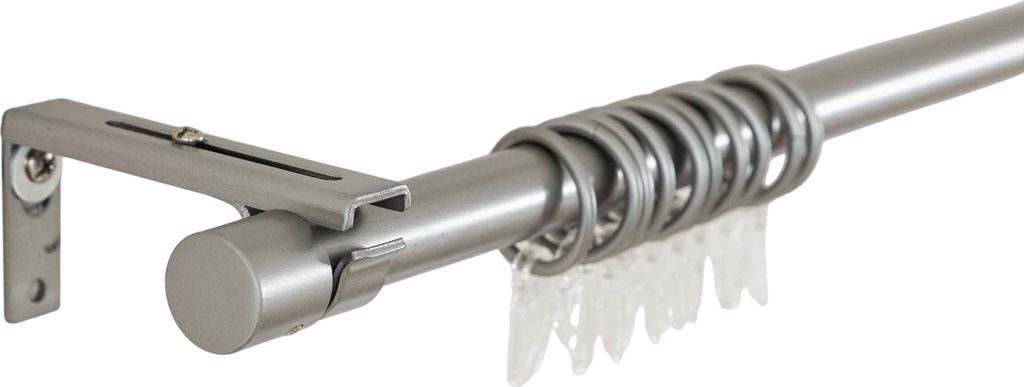 A close-up view of a curtain rod set against a white background.
