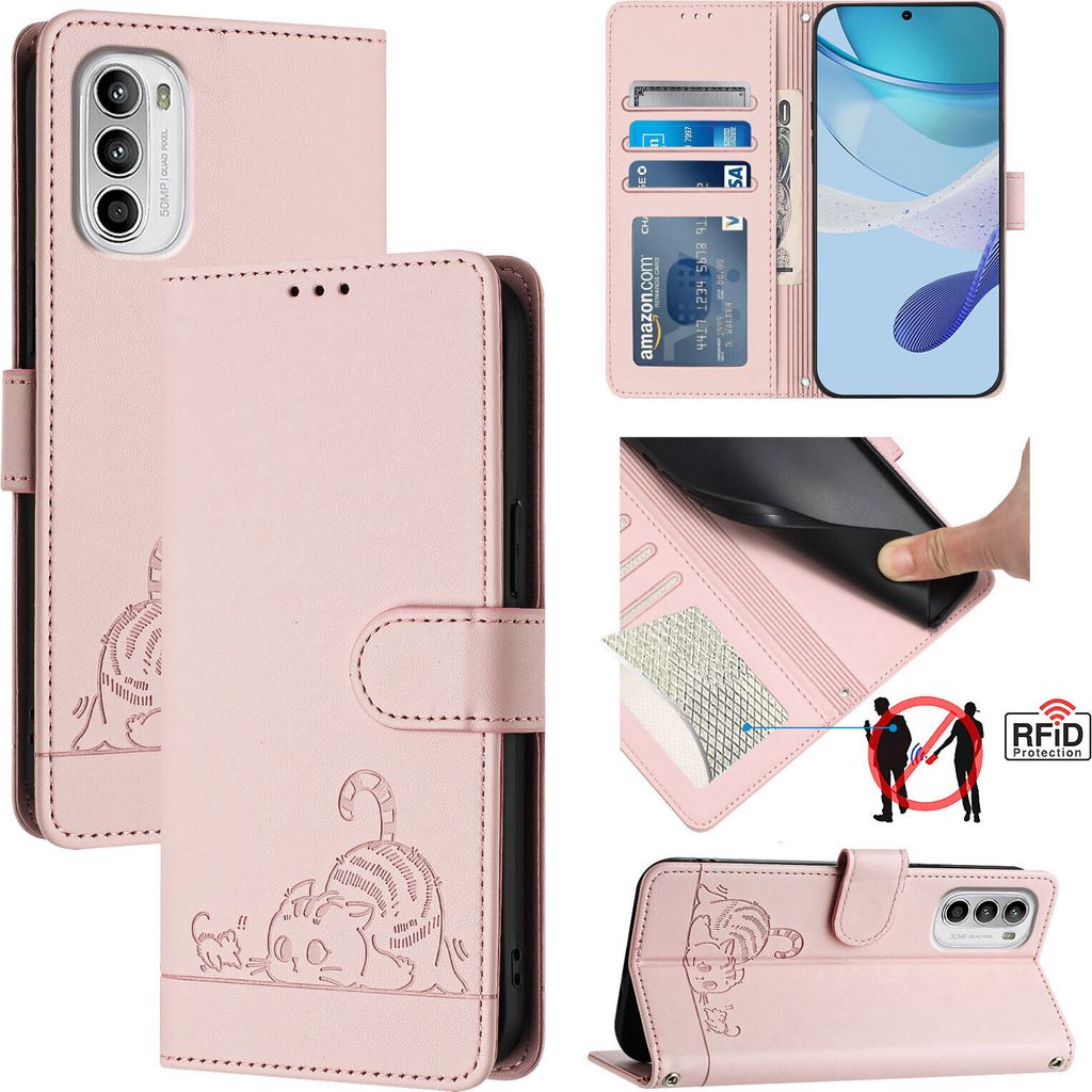 Leder Hülle für Motorola Moto G52 / G82 / G71s Süße Katze Flip Case Brieftasche Schutzhülle mit Standfunktion Pink