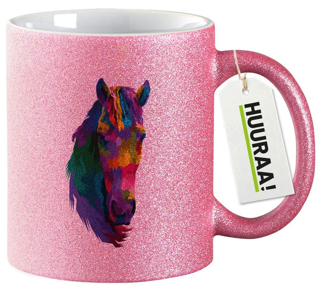 Huuraa Glitzertasse Pferdekopf Colorful 330ml Pink Keramik Kaffeebecher Geschenkidee