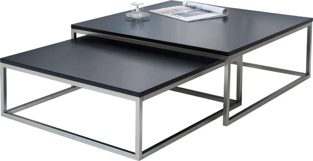 Design Couchtisch 2er Set ELEMENTS matt schwarz Stahl gebürstet Satztische Wohnzimmertisch Tischset