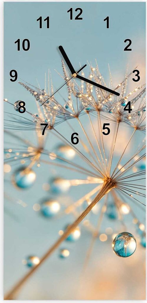 Wanduhr aus Glas mit Motiv Pusteblume Wassertropfen- 30 x 60 cm - inkl. Aufhängesystem