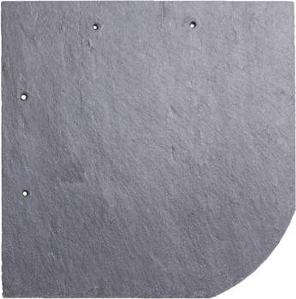 A single, square-shaped slate tile with a rounded corner and three visible holes for fastening.
