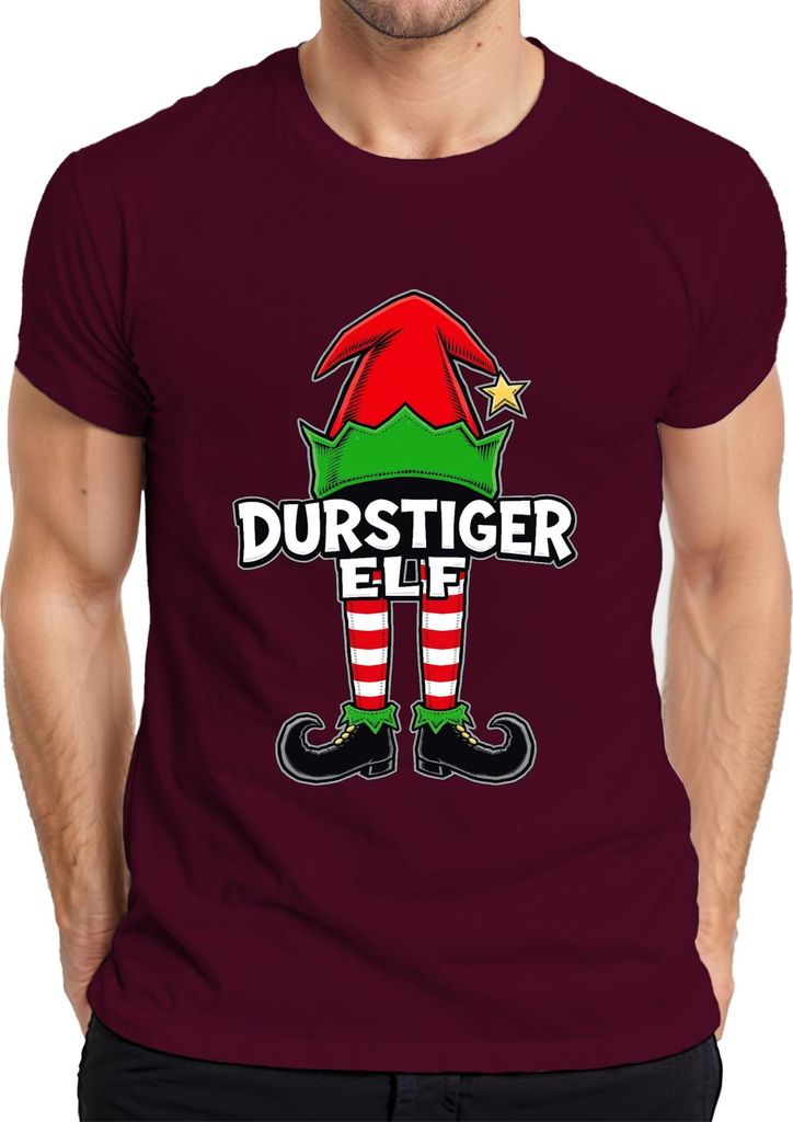 DURSTIGER ELF lustig Weihnachten Geschenk Weihnachtsfeier Elfen Herren T-Shirt, Burgundy, XXL