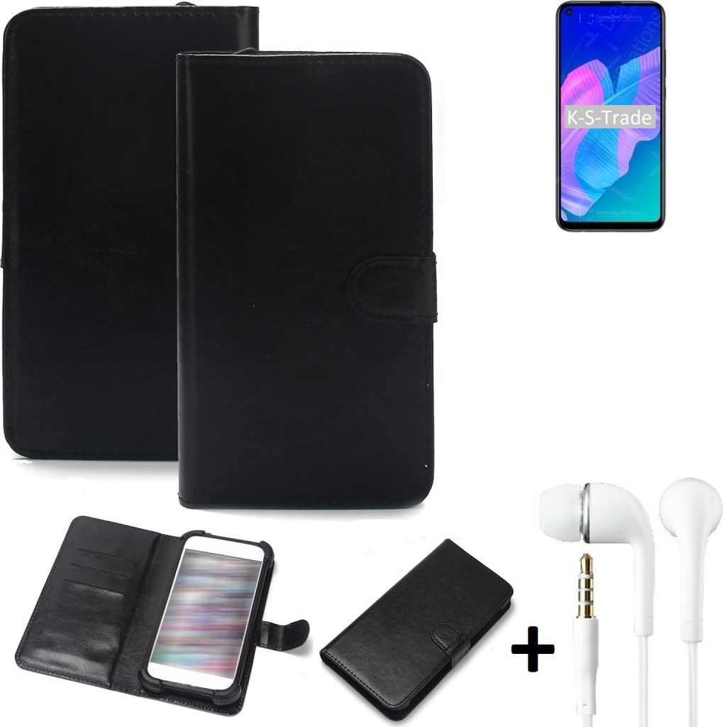 K-S-Trade Wallet Case Handyhülle kompatibel mit Huawei Y7p Schutzhülle Flip cover Flipstyle Tasche Hülle Flipcover Slim Bumper schwarz + in ear