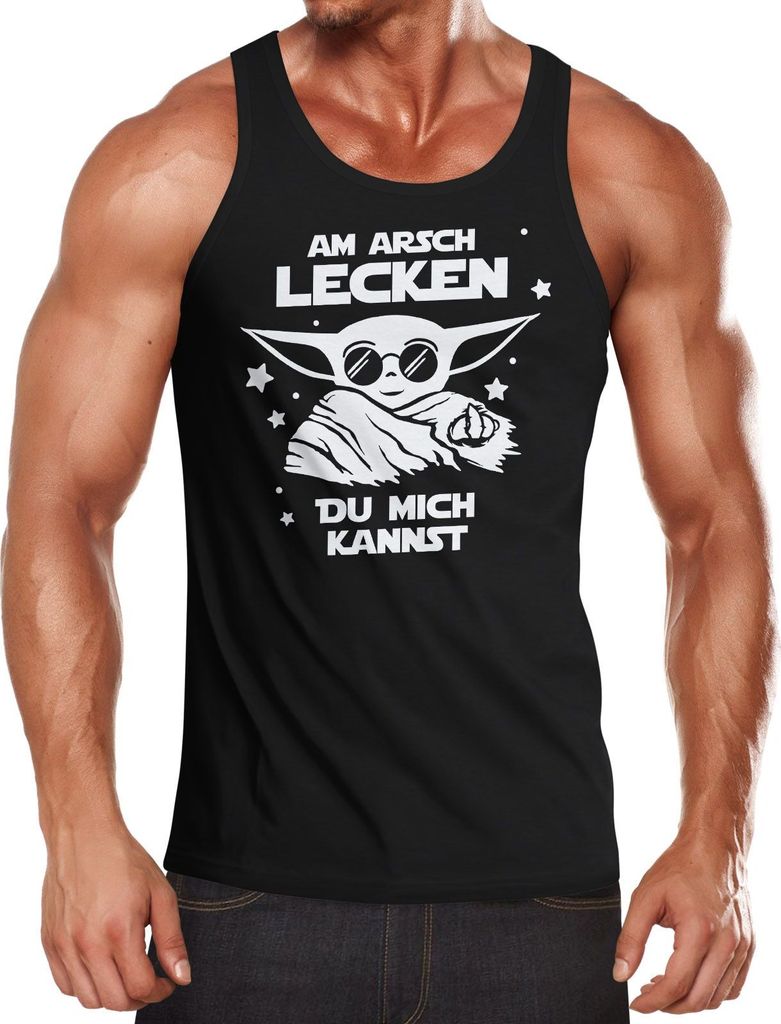 Herren Tanktop Am Arsch lecken du mich kannst Mittelfinger Parodie Satire Sterne-Saga Weltraum Fun-Shirt Spruch lustig Moonworks schwarz 3XL