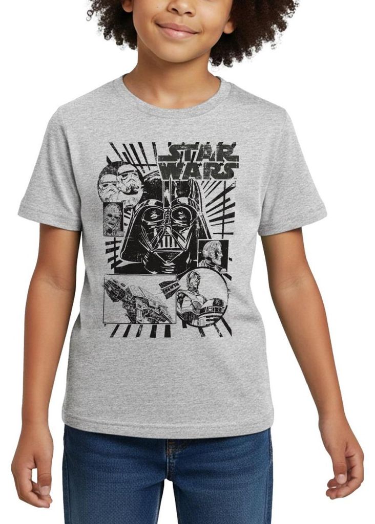 Star Wars Charaktere Darth Vader Chewbacca C3PO Kinder T-Shirt, 98/104 (3-4 Jahre), Grau meliert