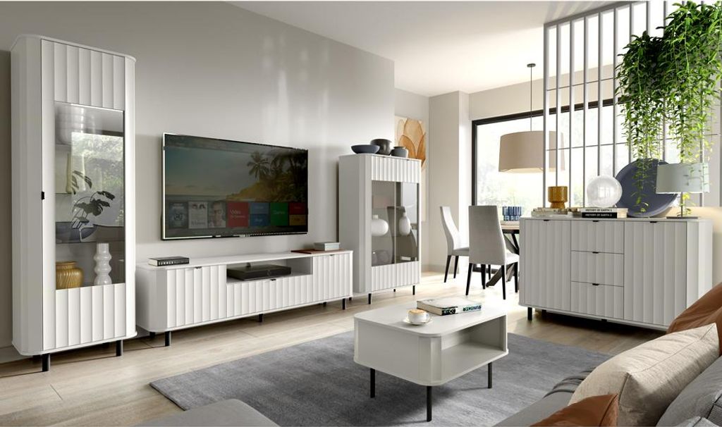 Wohnzimmer-Set mit Design-Fronten in Wellenoptik, Weiß, modern, 5-teilig - NASHVILLE-161