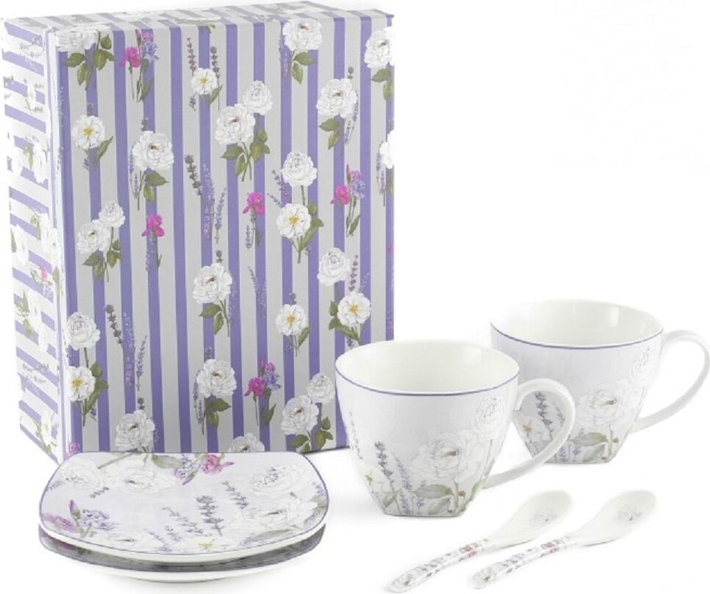 HOME ELEMENTS Set aus zwei Tassen 250 ml mit Untertassen und Löffeln, Lavendel