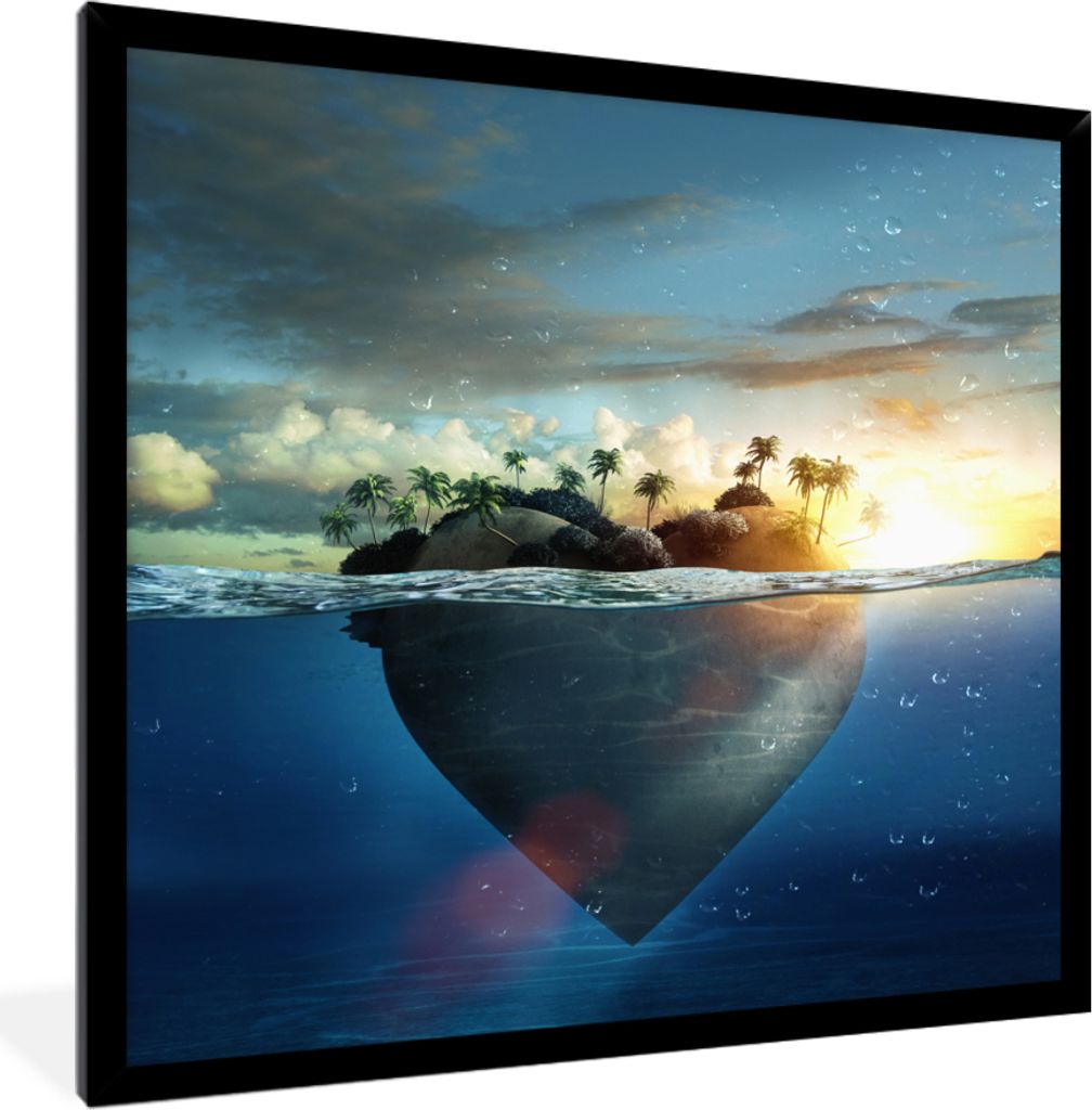 MuchoWow MuchoWow Gerahmtes Poster Meer - Insel - Herz 40x40 cm - Poster mit zchwarzem Bilderrahmen - Mit Rahmen - Wanddekoration Schlafzimmer