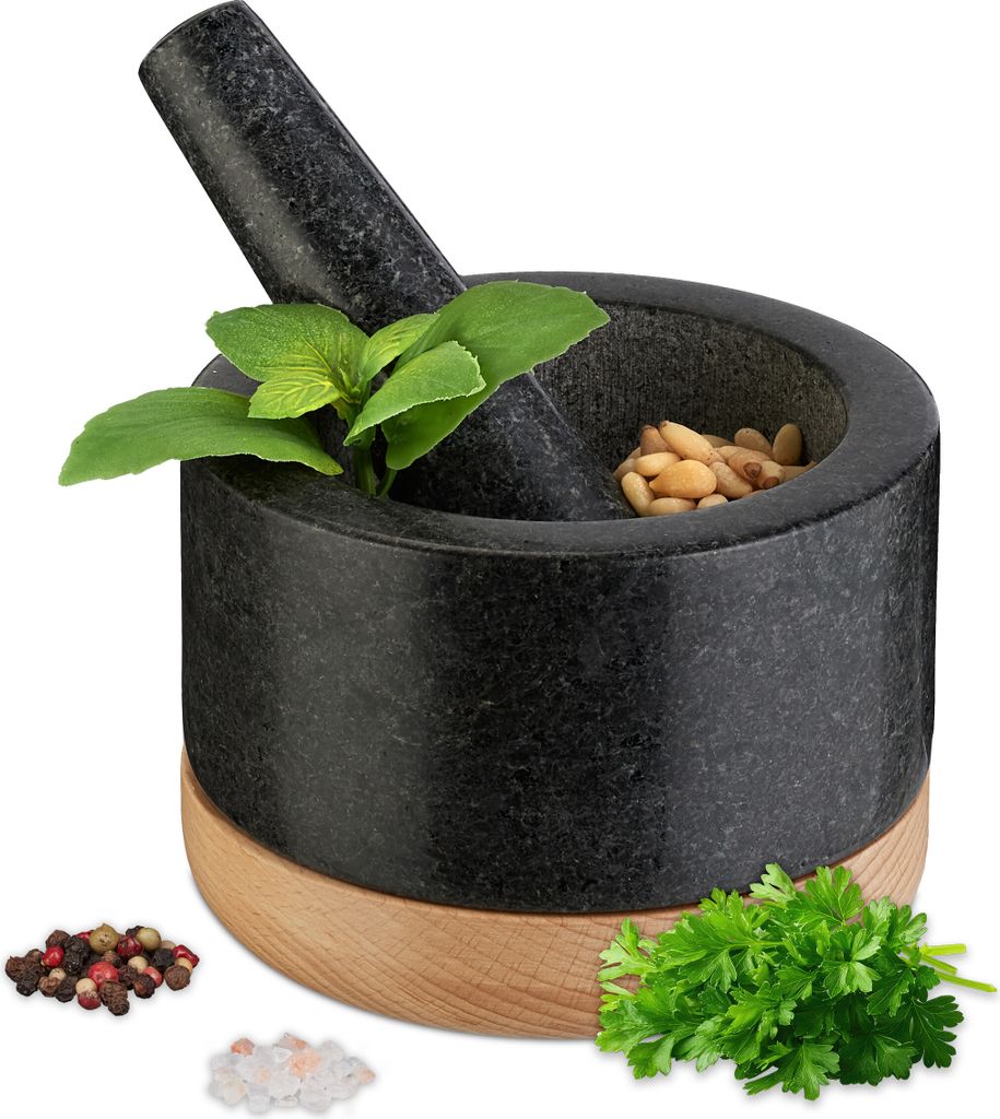 Relaxdays Mörser mit Stößel, Holzuntersetzer, Granit, HxD: Produktbild 