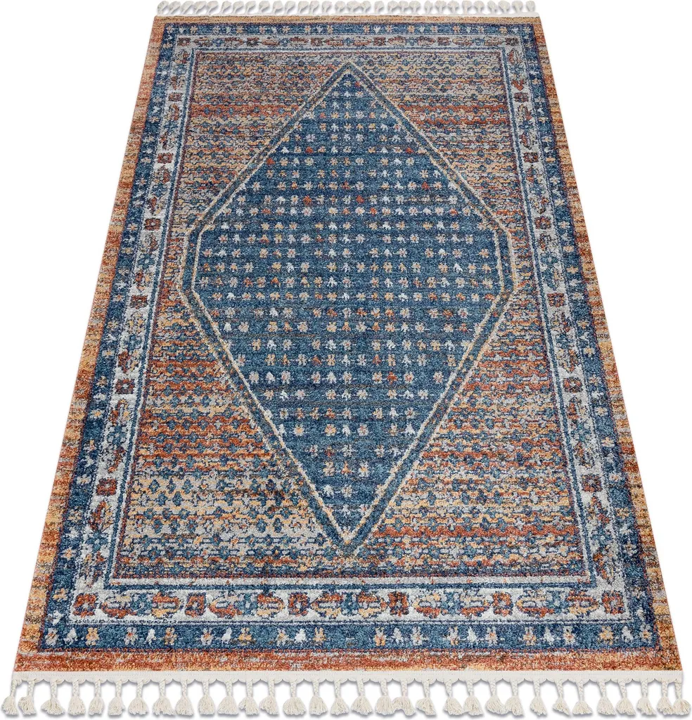 Tapis de salon moderne bleu et beige 160x220 cm avec finitions pompons