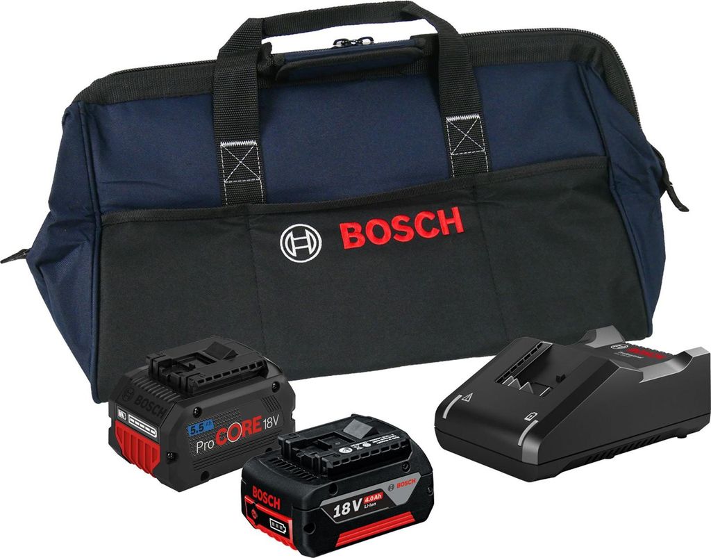Bosch Starter-Set 18V / 1x 4,0 Ah Akku + 1x 5,5 Ah ProCORE18V Akku + Ladegerät GAL 18V-40 in Handwerkertasche