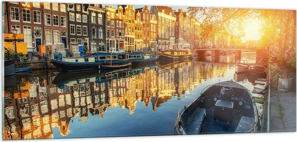 Bilder auf glas - Kanal Boot Amsterdam Wasser - 100x40cm - Glasbilder - Wandbilder - Kunstdruck - zum Aufhängen bereit - Wanddekoration aus Glas -...
