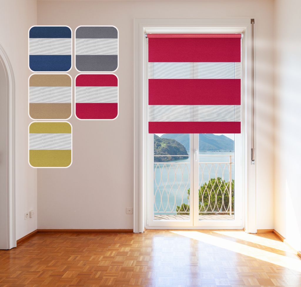 Doppelrollo "Metallic", Rot, 75x150cm - mit extra breiten Stoff-Streifen und Klemmfix-Halterung