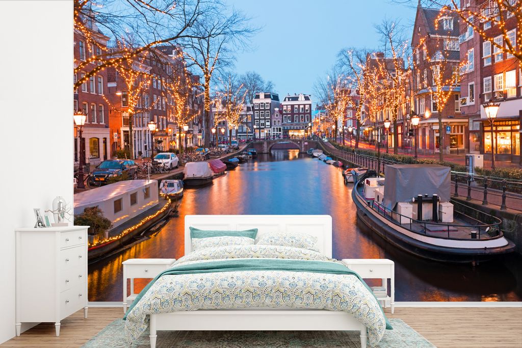 MuchoWow Fototapete für Wohnzimmer oder Schlafzimmer Wandtapete Vinyl Motivtapete Weihnachten - Amsterdam - Wasser - 330x220 cm - Fototapeten