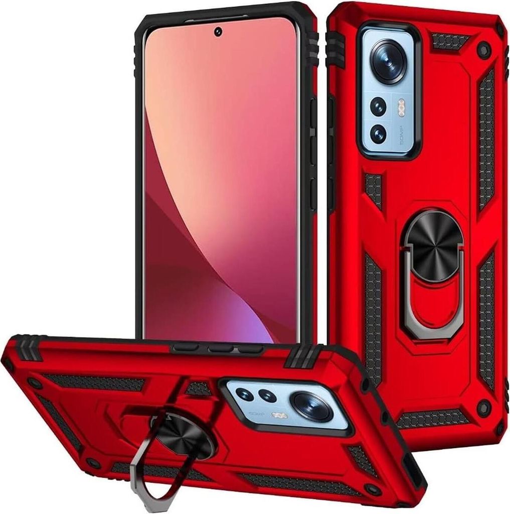 Conie Outdoor Schutzhülle für Xiaomi 12 Lite 5G Tasche Silikon Hard Case Cover Hülle mit Halter Ständer in Rot