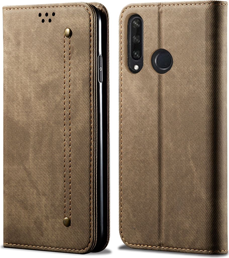 Huawei Y6P Hülle, LaimTop Denim Leder Brieftasche Magnetverschluss Flip Bookstyle Schutzhülle mit Standfunktion für Huawei Y6P Huawei Y6P Khaki