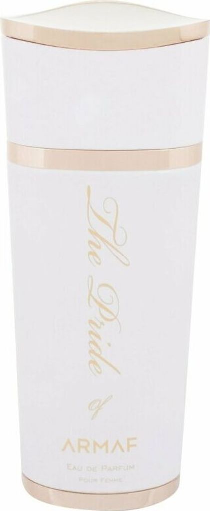 A white and gold bottle of perfume.