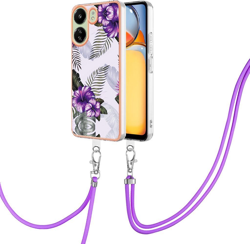 Handykette Hülle für Xiaomi Redmi 13C 4G/Poco C65 Muster TPU Schutzhülle mit verstellbarem Tragegurt Lila