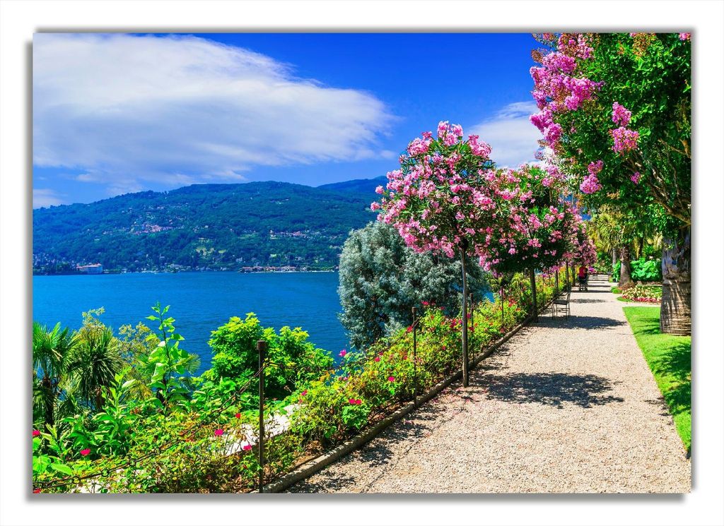 Wallario Premium Glasbild, freischwebende Optik, kräftige Farben, Größe 100 x 70 cm Motiv Blütenpromenade am Seeufer