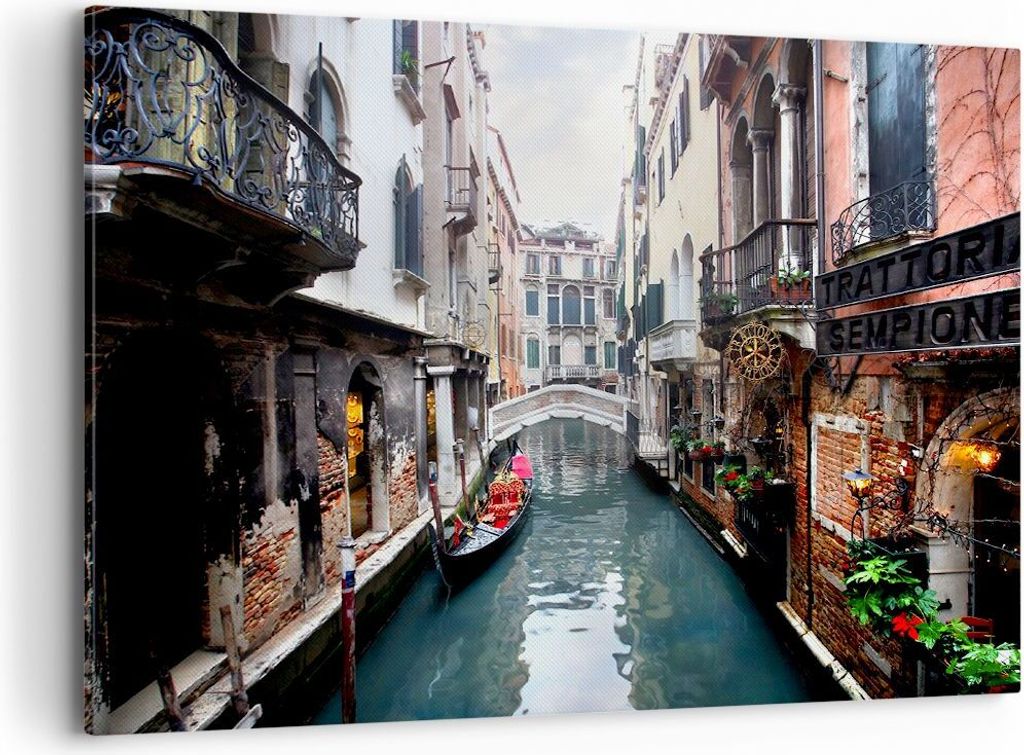 Bild auf Leinwand - Leinwandbild - Boot Brücke Tourismus Venedig - 100x70cm - Wand Bild - Wanddeko - Leinwanddruck - Bilder - Kunstdruck - Wanddek...