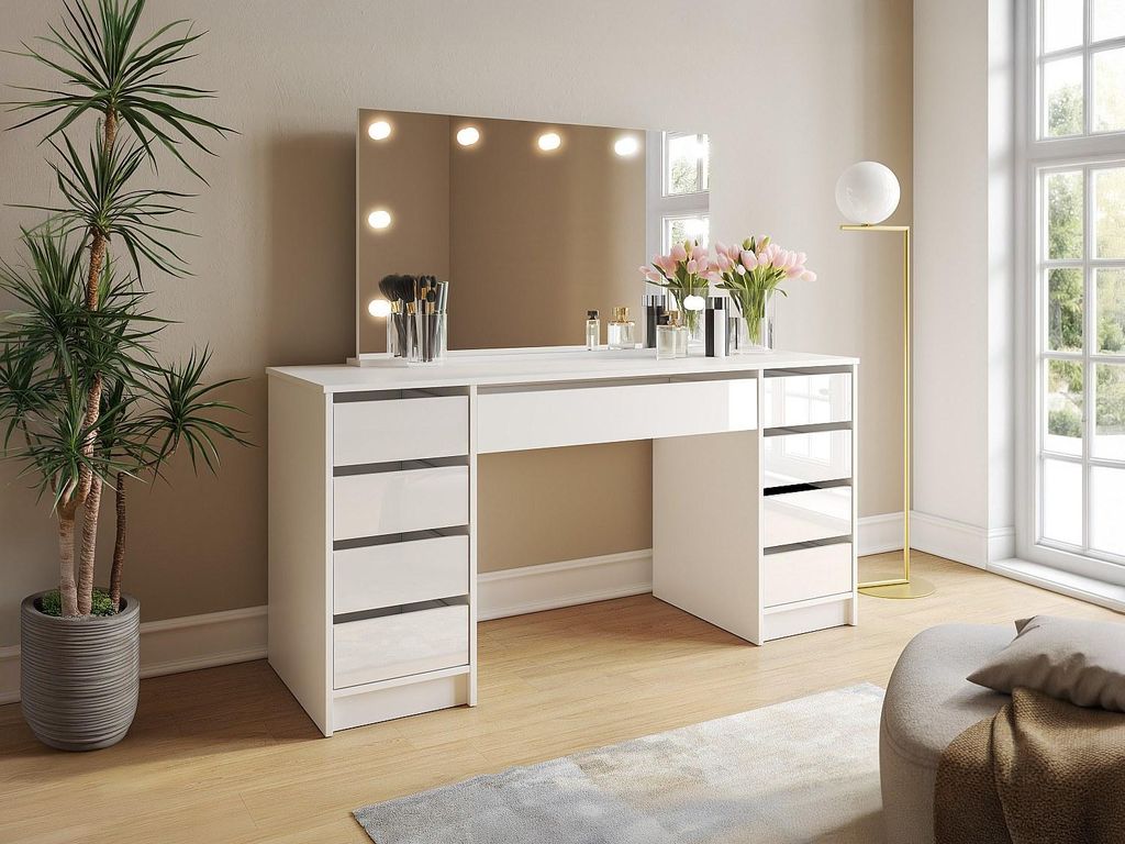Frisiertisch doppelt mit LED-Spiegel - 9 Schubladen - Weiß glänzend - JENEMI