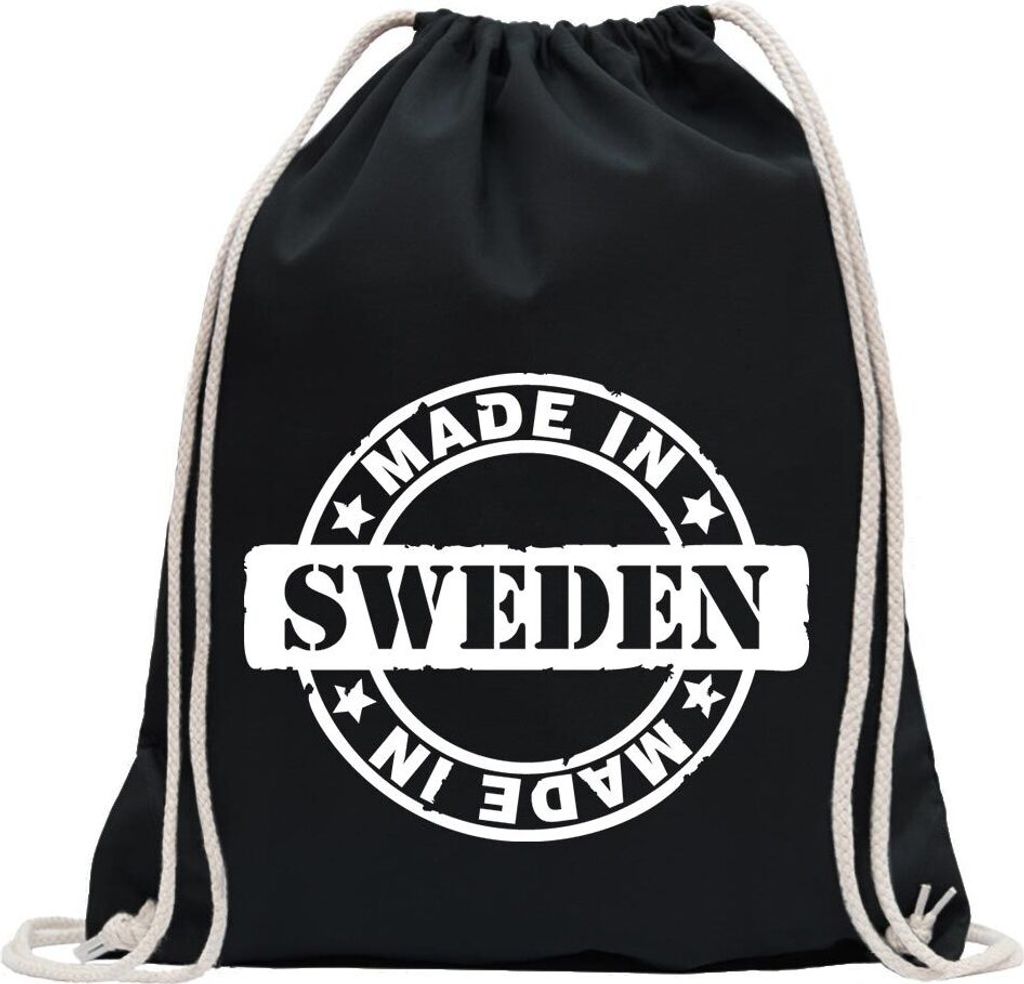 Kiwistar - Turnbeutel - schwarz - Sweden - Fun Rucksack Sport Beutel Gymsack Baumwolle mit Ziehgurt