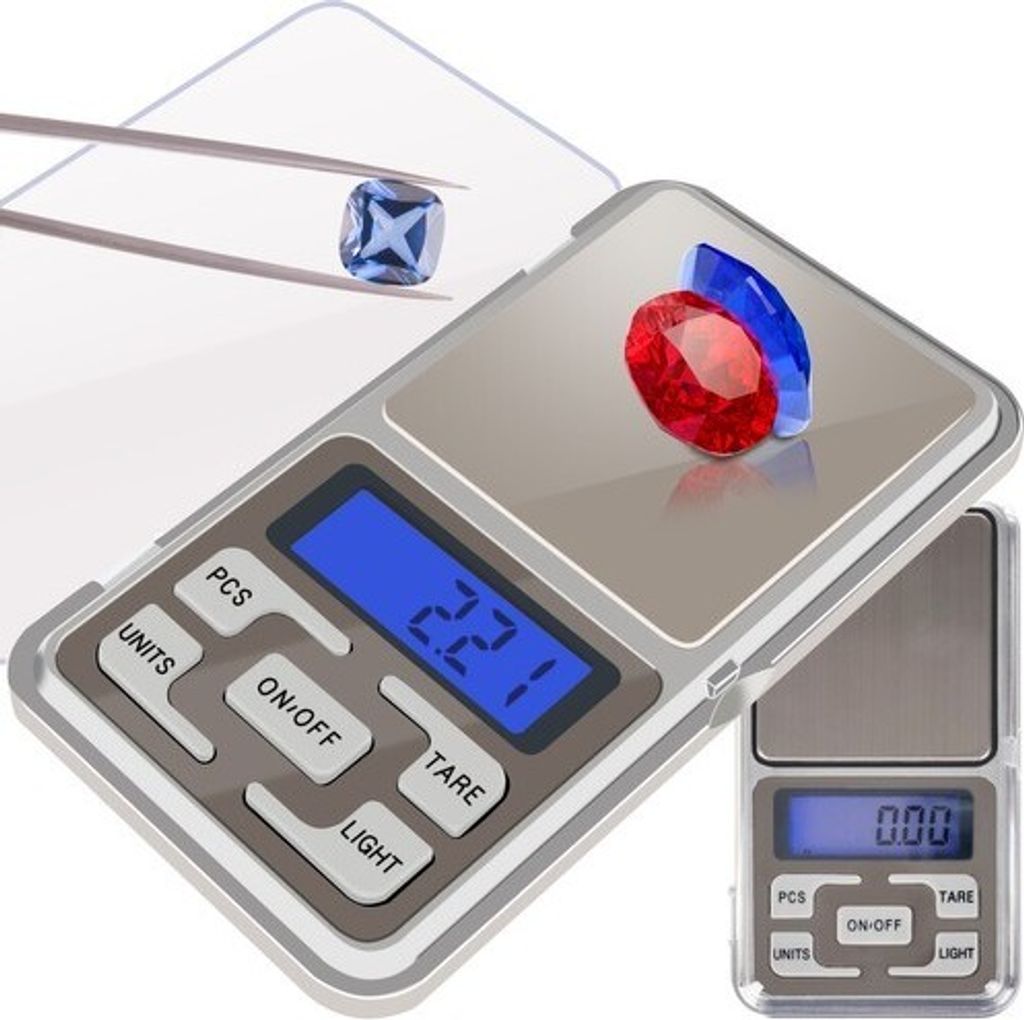 A collage showing digital scales with gemstones.