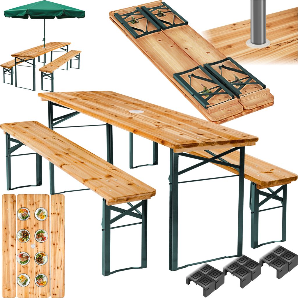 A collage of images showing a wooden picnic table and bench set, some folded, some set up, with a green umbrella and accessories.