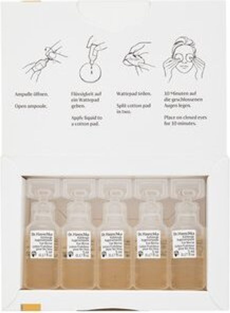An open box showing instructions for use and five ampoules of eye serum.