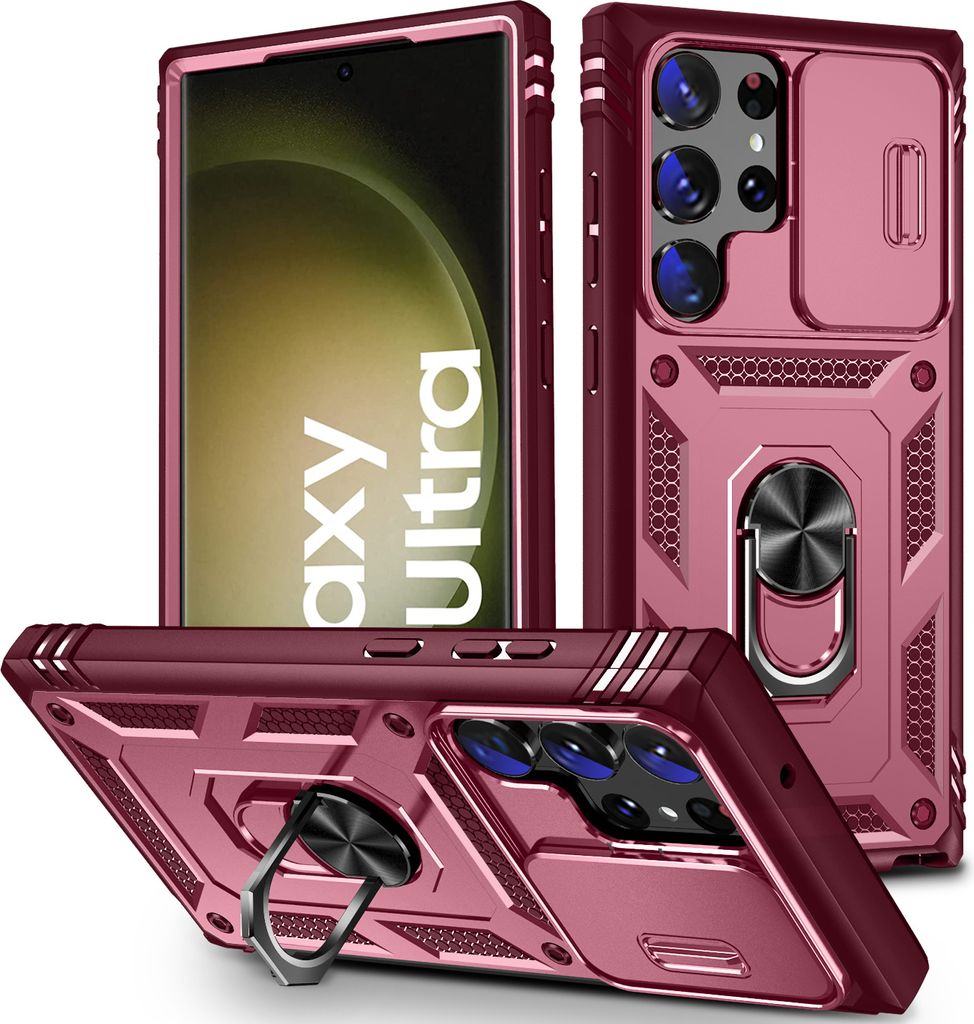Galaxy S23 Ultra Hülle, Schiebe Kamera Schutz Robust Rüstung Schutzhülle mit Ringhalterung Ständer Kartenhalter für Samsung Galaxy S23 Ultra Rosa