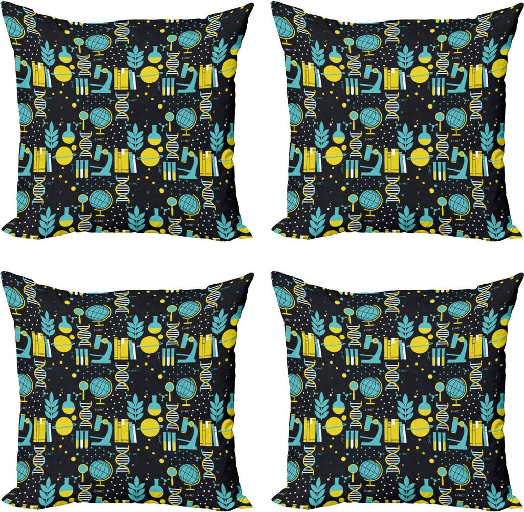 ABAKUHAUS Bildung Kissenbezug Set (4 Stück), Wissenschaft Klasse Pattern, Moderner Doppelseitiger Digitaldruck, 60 cm x 60 cm, Türkis Gelb Schwarz