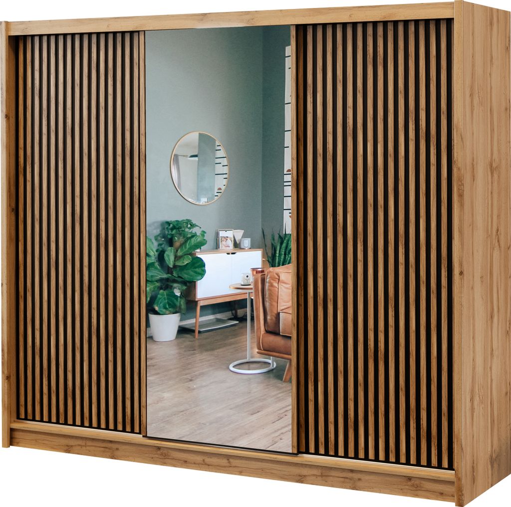 Albello Kleiderschrank mit Schiebetüren und Spiegel LONDO , Kleiderschrank für das Schlafzimmer, dreitüriger Kleiderschrank,Schwarz/Wotan 250x60...