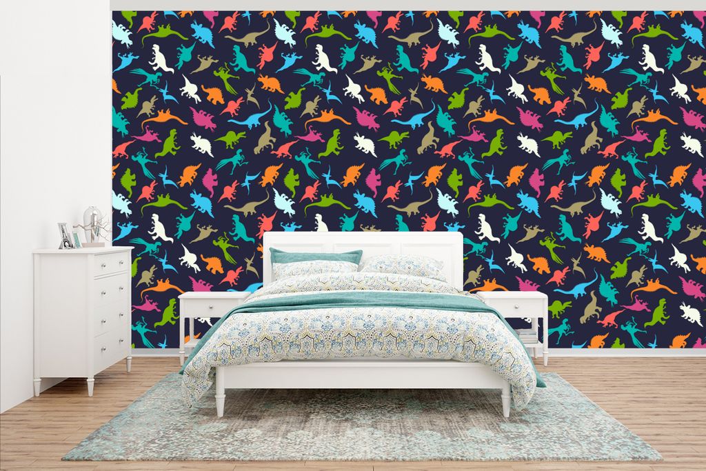 MuchoWow Fototapete für Wohnzimmer oder Schlafzimmer Wandtapete Vinyl Motivtapete Muster - Dino - Farben - Jungen - Kinder - Kind - 465x260 cm -...