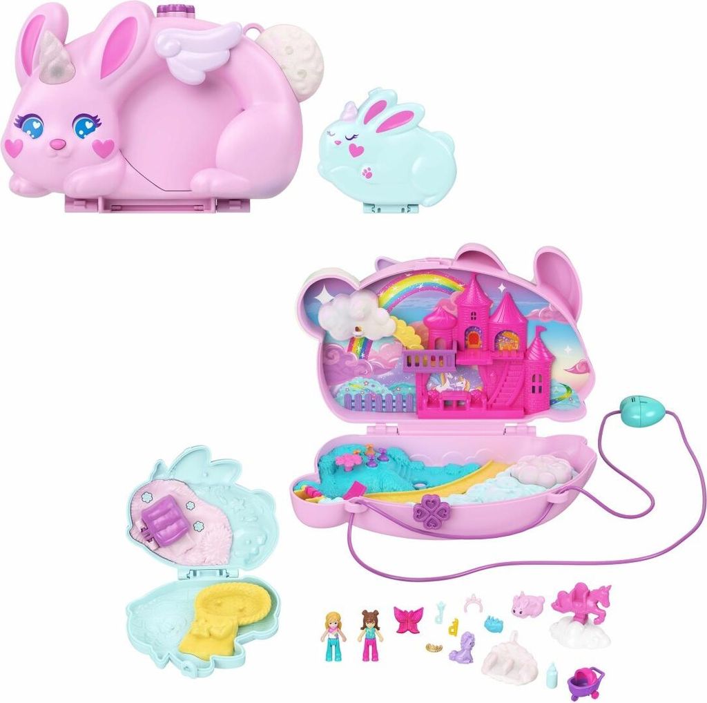 Mattel GmbH Polly Pocket 2-in-1-Bunny Fun Schatulle, tragbares Taschen-Spielset mit 2 Puppen und 12 Zubehörteilen inklusive Tieren Sonstige