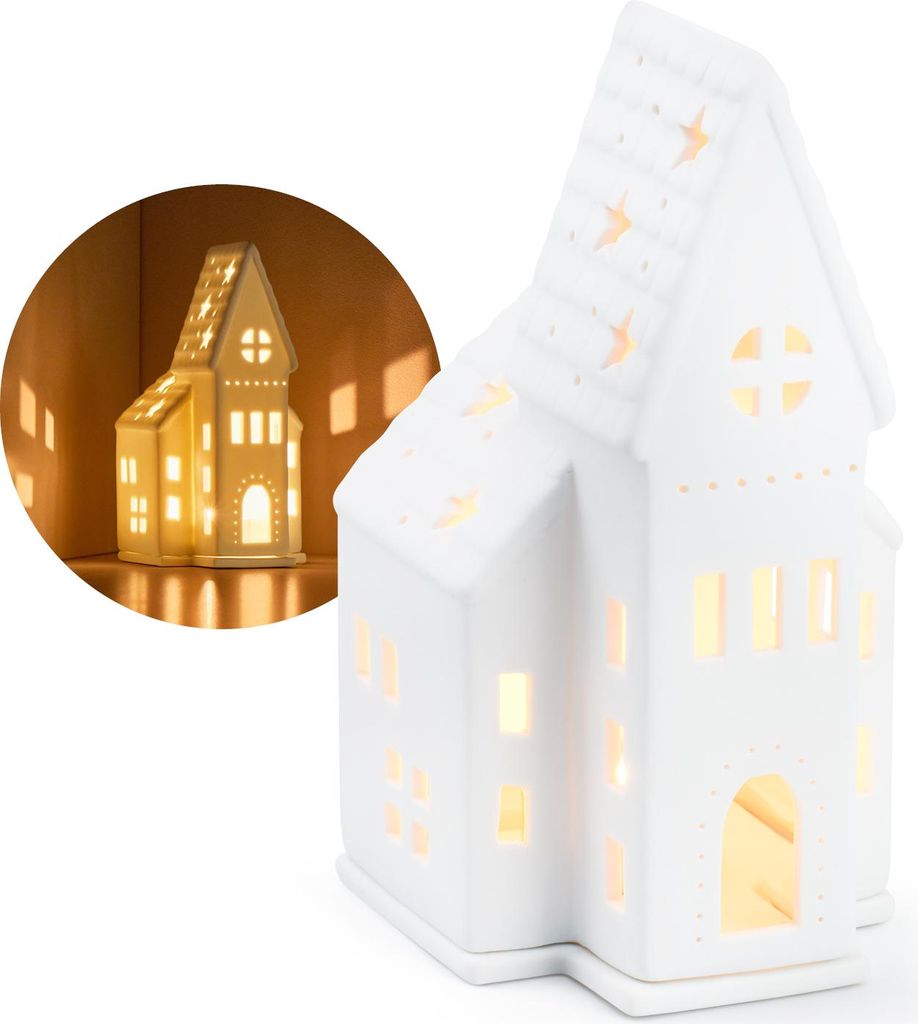 com-four Teelichthaus aus Porzellan - Kirche aus mattem Porzellan mit Teelichtuntersatz - Leuchthaus - Stilvolle Raumdekoration in Form einer Kirche
