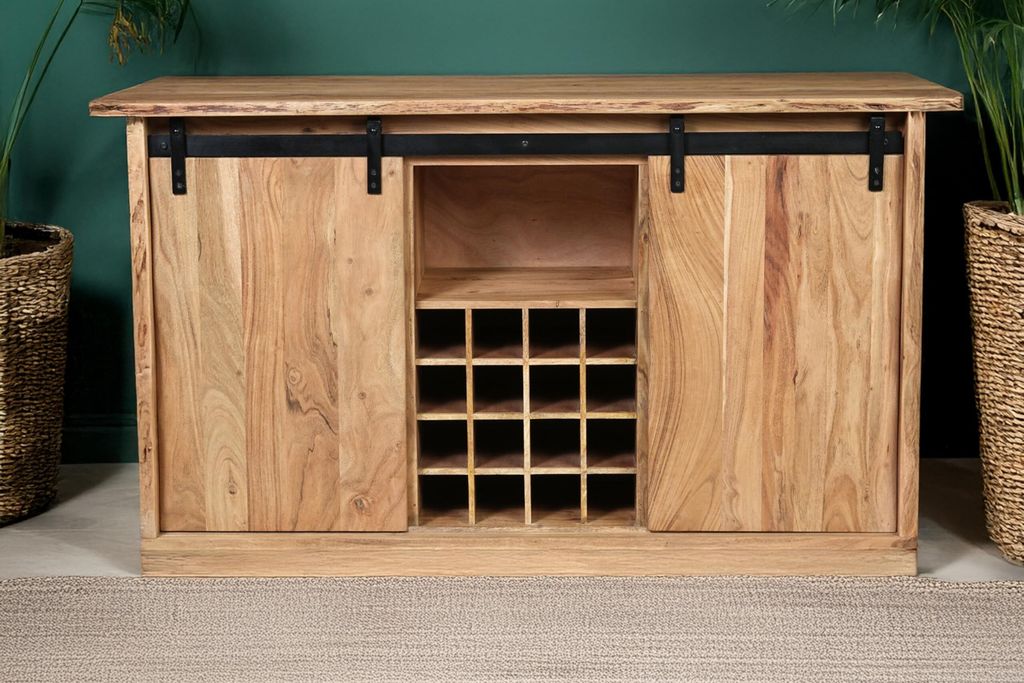 Wein-Sideboard Lian | Akazienholz massiv | Farbe: Natur | 145x45x85 cm | 2 Schiebetüren, je 3 Schubladen & Fächer | 16 Weinflaschenfächer | Baum...
