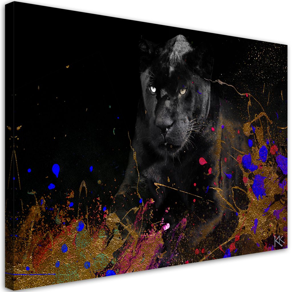 Leinwandbild Schwarzer Panther auf farbigem Hintergrund 90x60 Feeby Bunt bild für die wand bereit zum aufhängen