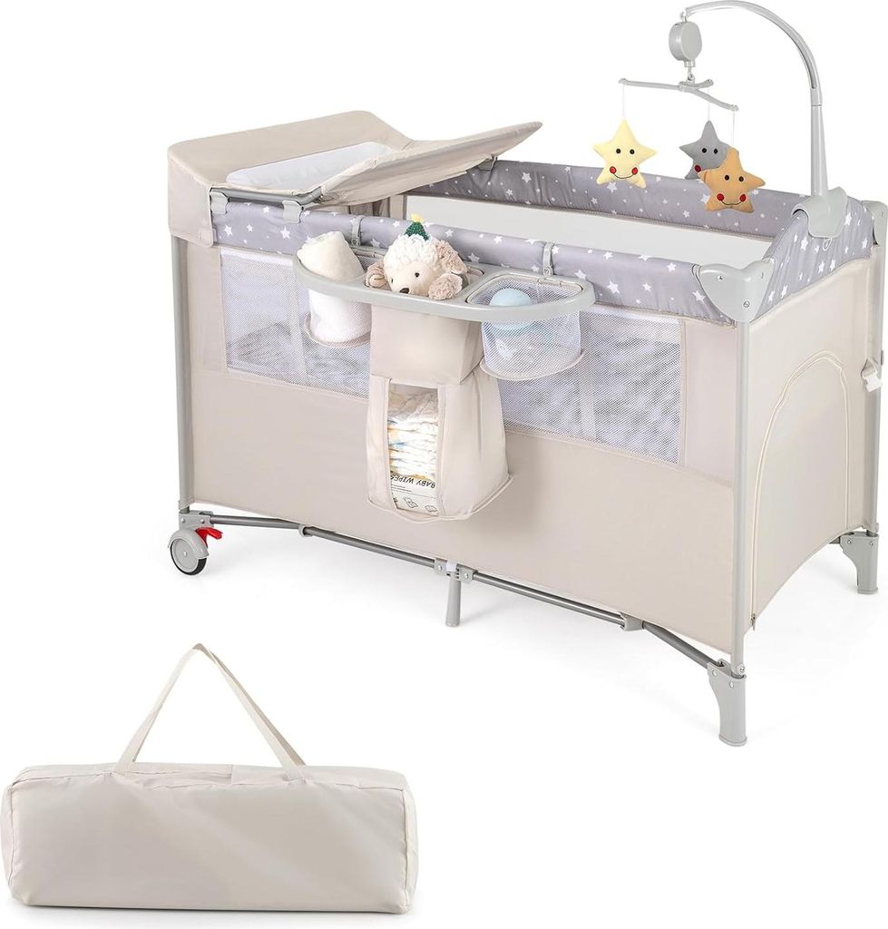 4-in-1 Klappbares Reisebett für Babys - Multifunktionales Beistellbett, Wickeltisch und Spielbox mit Spielbogen