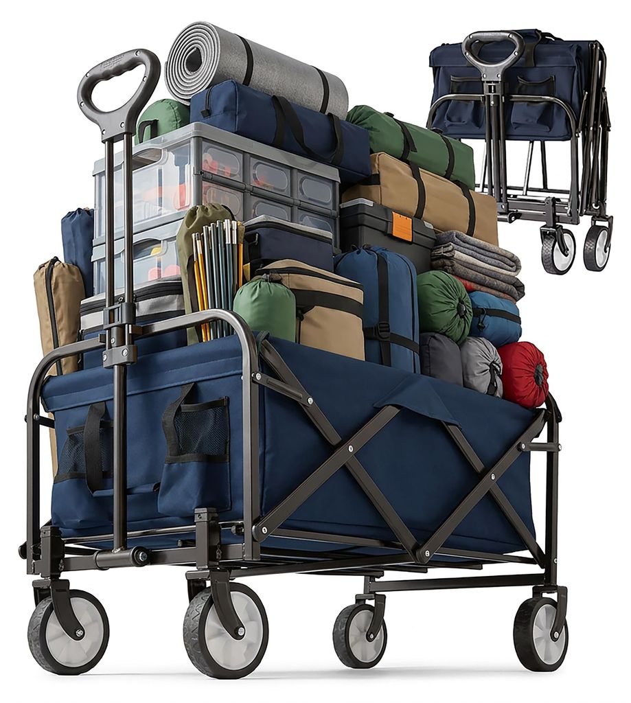 Relaxdays Bollerwagen, faltbar, 100 kg, Teleskopgriff, Oxford-Gewebe, Transportwagen für Einkauf, Camping & Strand, blau